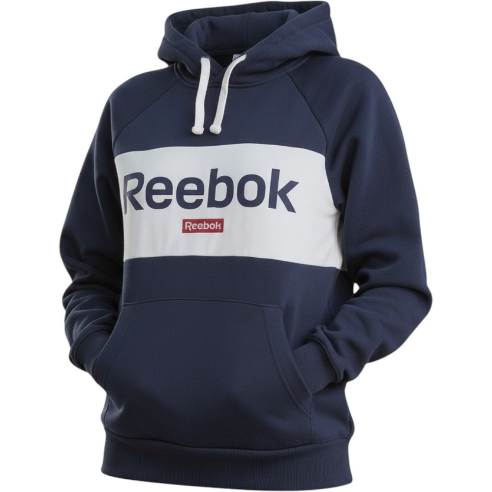 Reebok Mens Hoodie Navy Blue White Colorblock Logo Pullover Sweatshirt FI2933